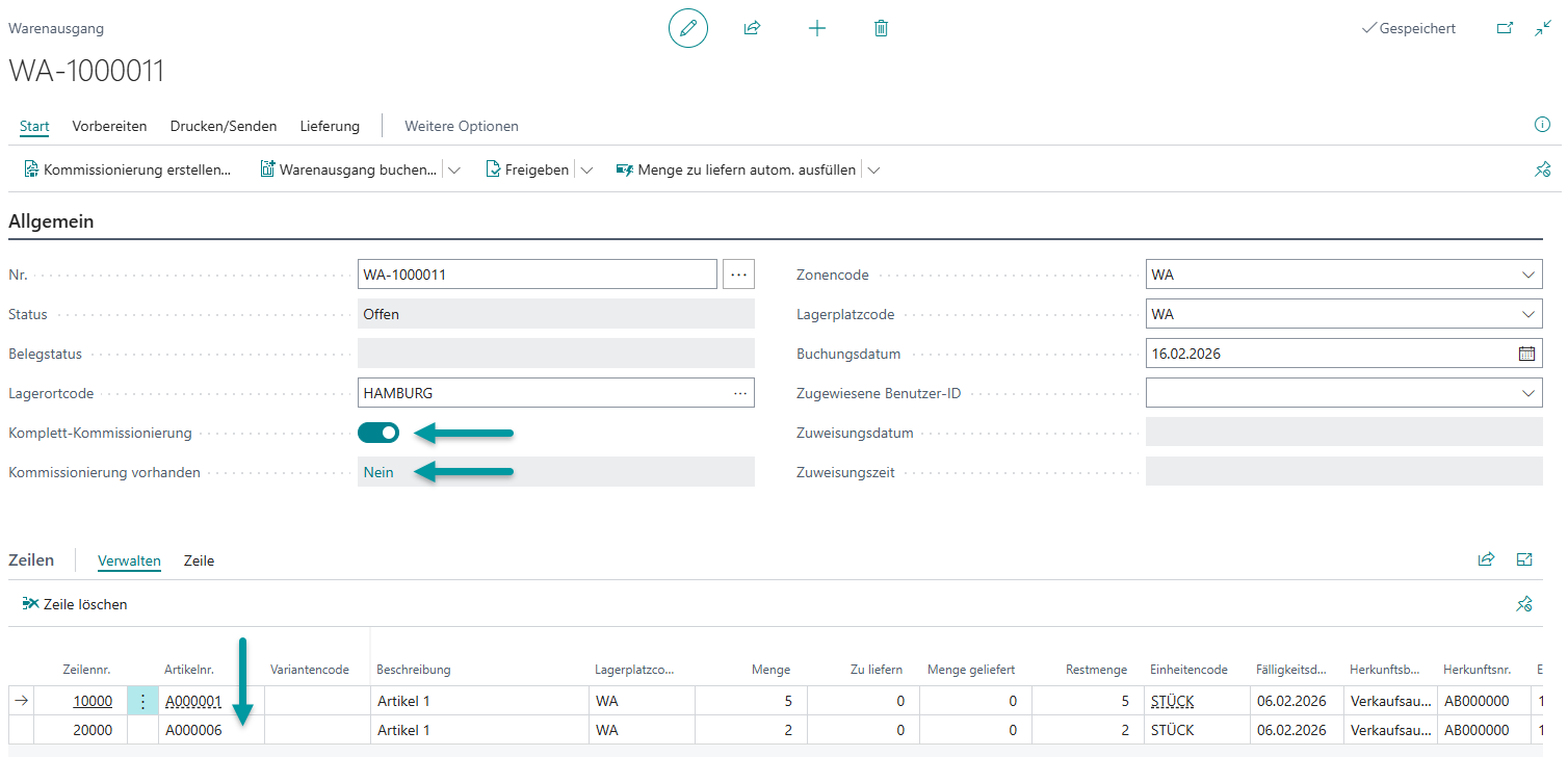 Warenausgangskarte Beispiel 7: Beide Warenausgänge mit Auftragsmontage-Positionen
