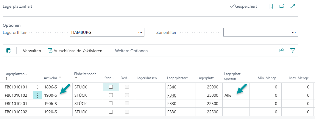 Gesperrter Lagerplatzinhalt - Fehlermeldung