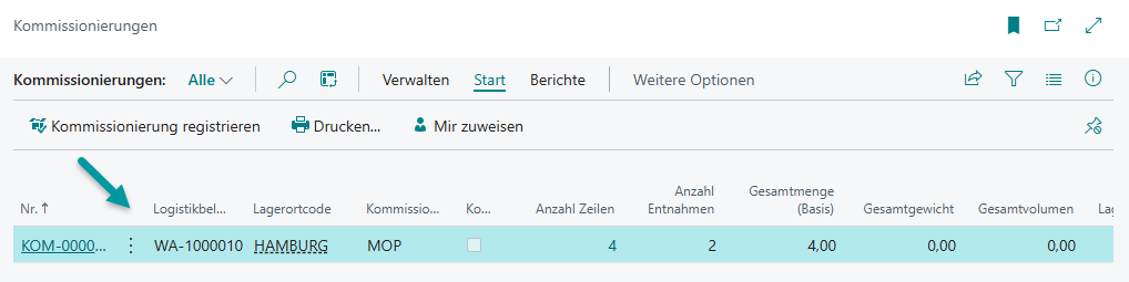 Kommissionierungsergebnis Beispiel 2: WA-1000001 nicht verarbeitet aufgrund aktiver Komplett-Kommissionierung