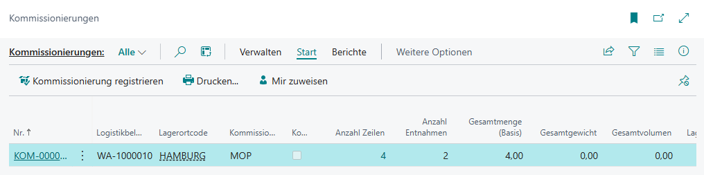 Kommissionierungsergebnis Beispiel 4: WA-1000001 aufgrund aktiver Komplett-Kommissionierung nicht verarbeitet