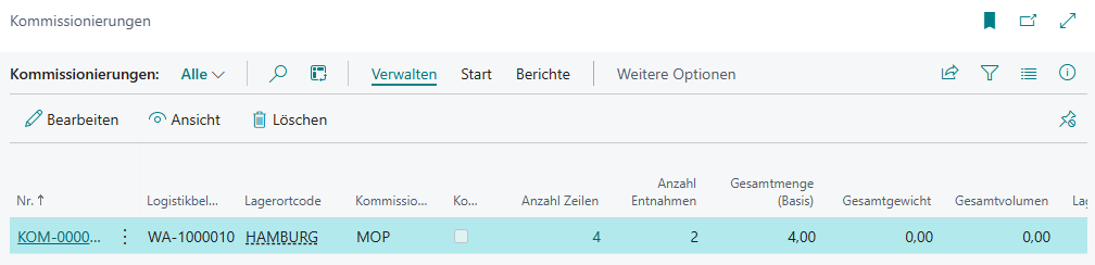 Kommissionierungsergebnis Beispiel 6: WA-1000001 aufgrund aktiver Komplett-Kommissionierung nicht verarbeitet