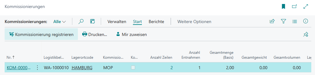 Kommissionierungsergebnis Beispiel 8: WA-1000011 aufgrund aktiver Komplett-Kommissionierung nicht überführt