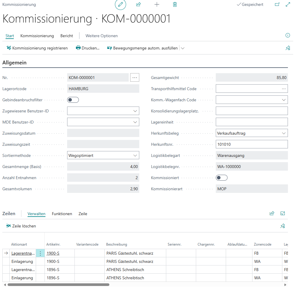 Kommissionierungskarte nach erfolgreichem Zurücksetzen