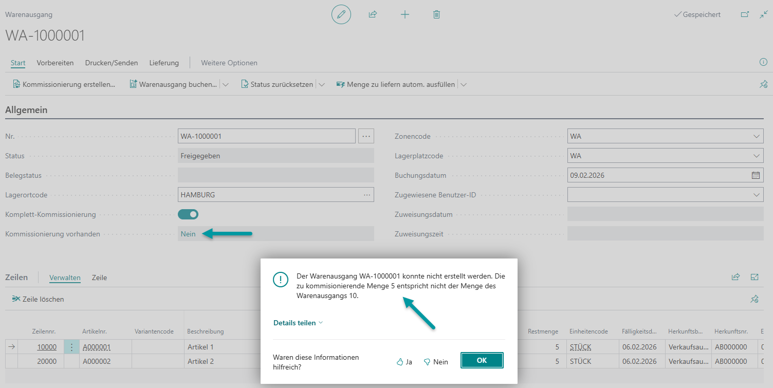 Lagerplatzinhalt: Nicht alle Artikel in der benötigten Menge auf kommissionierfähigen Lagerplätzen verfügbar
