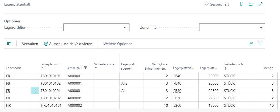 Lagerplatzinhalt Beispiel 4: Geforderte Menge trotz mehrerer Quell-Lagerplätze nicht vollständig verfügbar