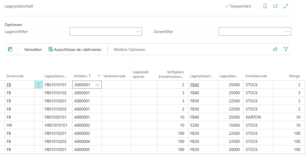 Lagerplatzinhalt Beispiel 7: Alle Artikel einschließlich Montageartikel vollständig verfügbar