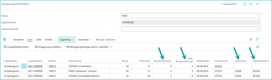 Bewegungsmenge geänderte Daten in gleichnamigen Feldern