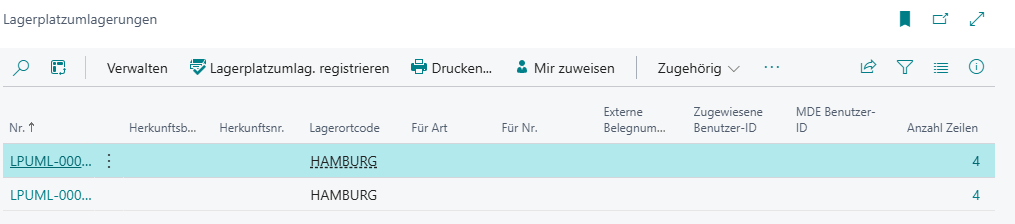 Lagerplatzumlagerungsliste mit Lagerortcode = Hamburg und Anzahl der Zeilen = 4