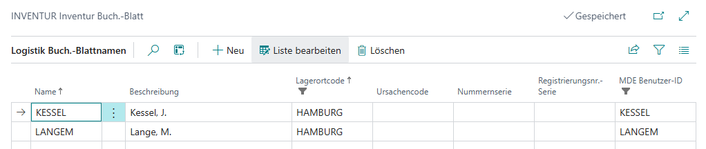 Inventur Buch.-Blatt eingetragene MDE-Benutzer in Liste