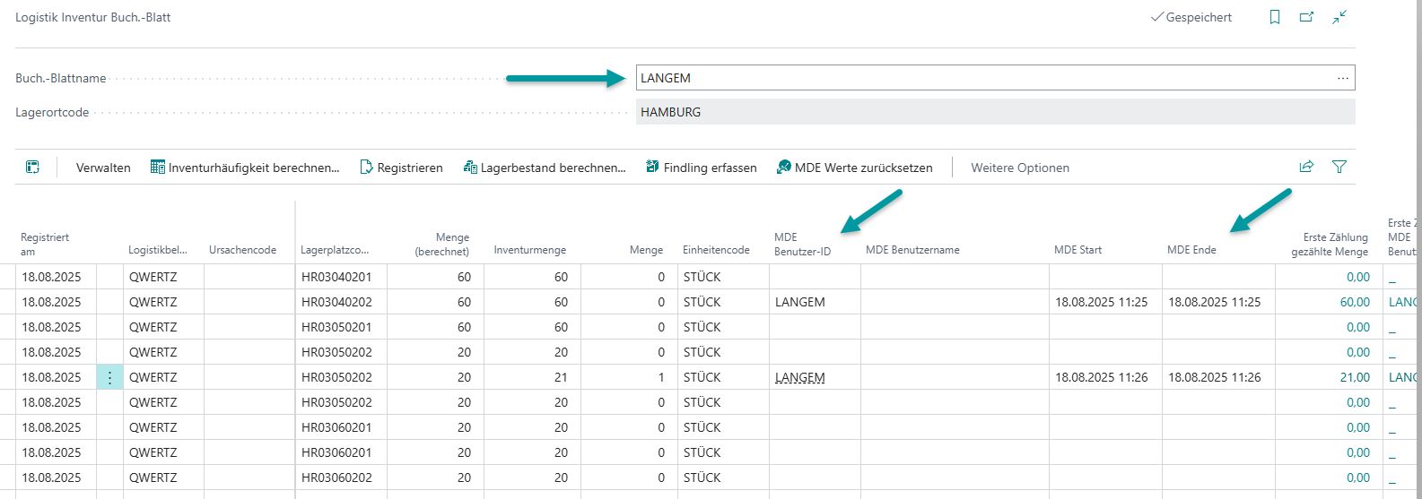 Beispiel Inventur Logistik-Inventur Buch.-Blatt ohne eingetragene MDE-Benutzer