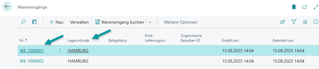 Beispiel Wareneingangskarte