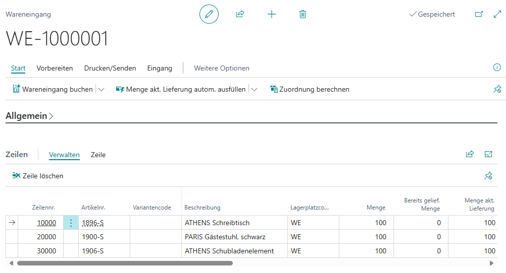 Beispiel Wareneingangskarte