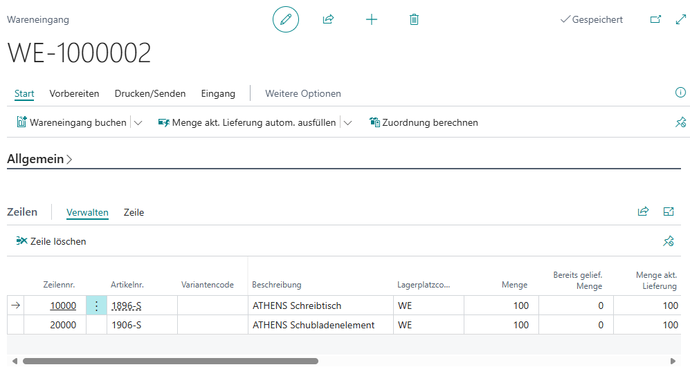 Beispiel Wareneingangskarte