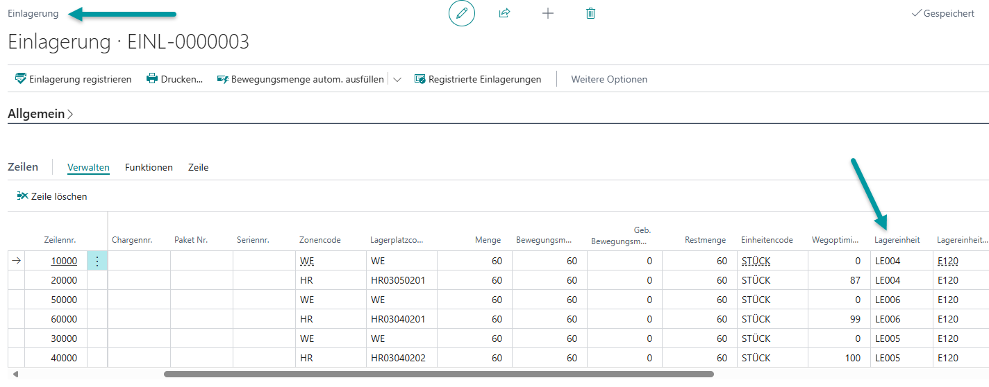 Beispiel Einlagerungskarte