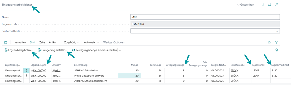 Ansicht: Einlagerungsblätter, geholter Logistikbeleg, Eingabe von Werten