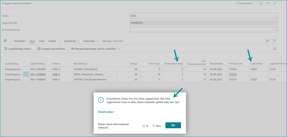 Hinweis bei falschen Eingaben, z. B. auf existierende Zeilen mit und ohne Lagereinheit