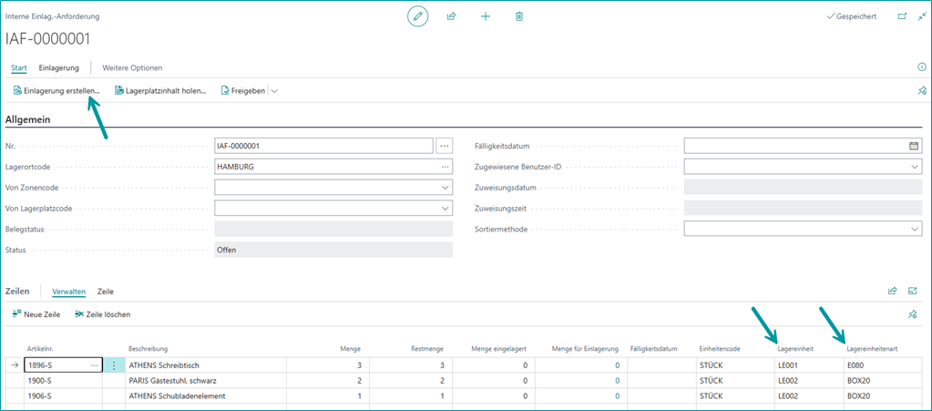 Karte "Int. Einl.-Anforderung" mit Inhalt füllen