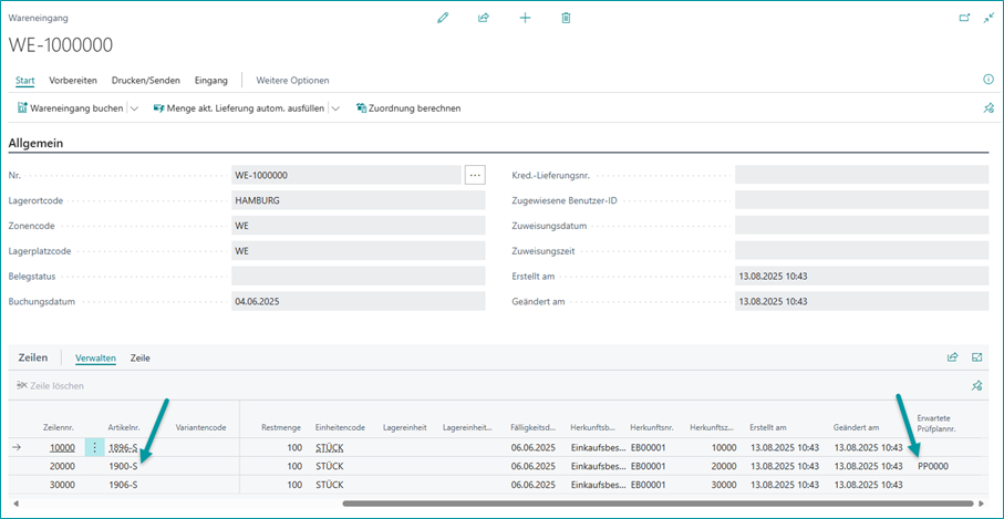 Wareneingangskarte mit dem oben genannten Beispiel