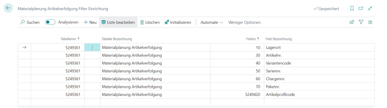 Materialplanung Artikelverfolgung Filter Einrichtung
