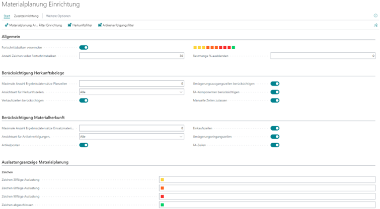 Materialplanung Artikelverfolgung Filter Einrichtung