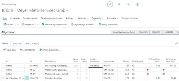 Beispiel eines Verk.-Auftrages mit UMA-Metallpositionen und Zu-/Abschlag