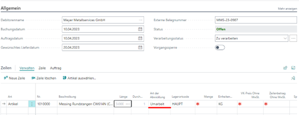 Abwicklung Verk.-Auftrag auf UMA-Basis
