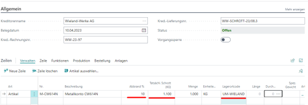 Beispiel Schrott mit Brutto Kg wird an Werk geliefert