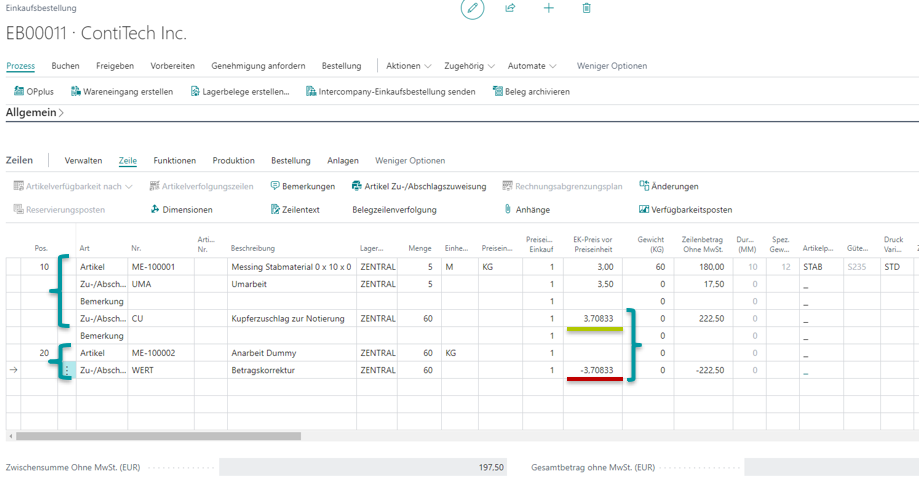 Buchungspositionen in einer Einkaufsbestellung bei Umarbeit