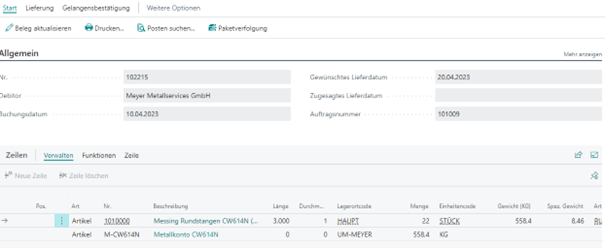 Gebuchte Verkaufslieferung mit automatisch mitgebuchter Schrott-Position