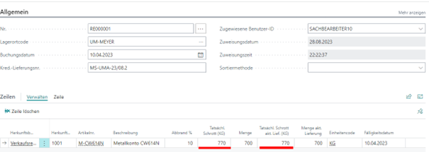 Abbrandfaktor in der Wareneingangszeile nach Buchung der UMA-Verkaufsreklamation