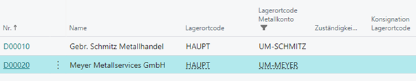 Debitoren mit Metallkonto-Lagerort eingerichtet