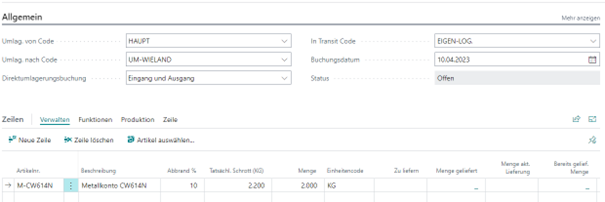 Umlagerungsauftrag Beispiel