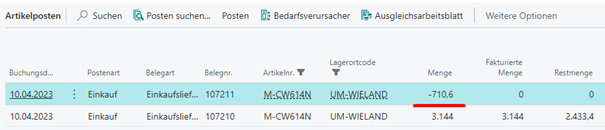 Artikelposten nach dem Buchen des Wareneingangs auf UMA-Basis