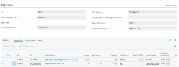 Gebuchte Einkaufslieferung mit automatisch mitgebuchter Schrott-Position