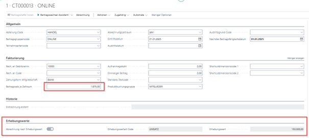 Fakturierung und Erhebungswerte in der Beitragskarte