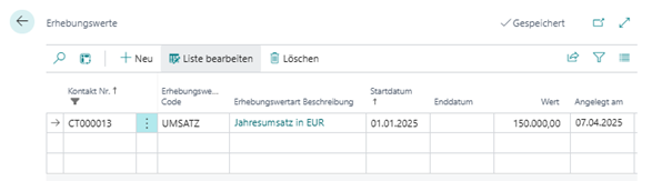 Erhebungswerte einrichten