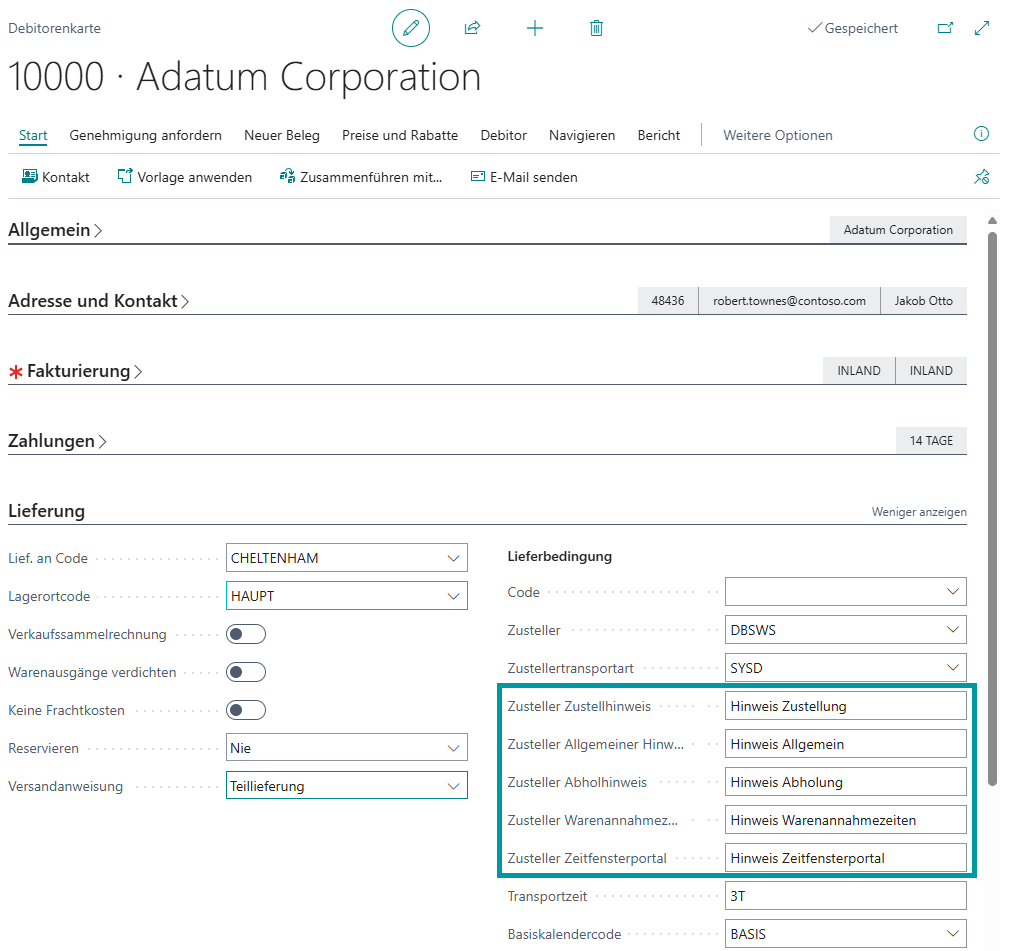 Informationen am "Debitor" im "Register "Lieferung"
