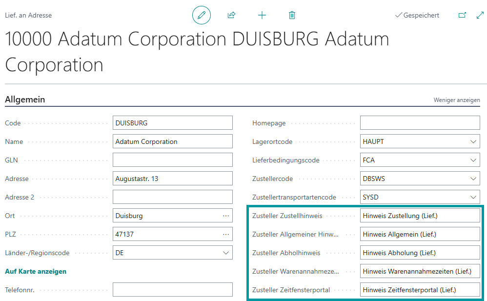Informationen am "Debitor" unter "Lief. an Adresse" im "Register "Allgemein"
