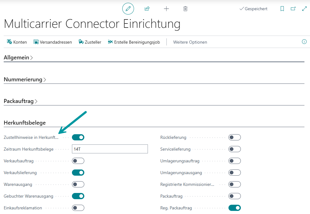 MCC Einrichtung: Zustellhinweise in Herkunftsbeleg