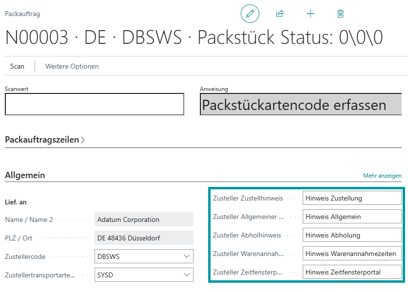 Zustellerhinweise im Packauftrag