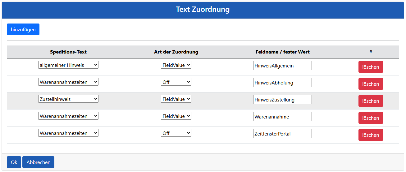 ShipXpert Einrichtung Text-Zuordnung