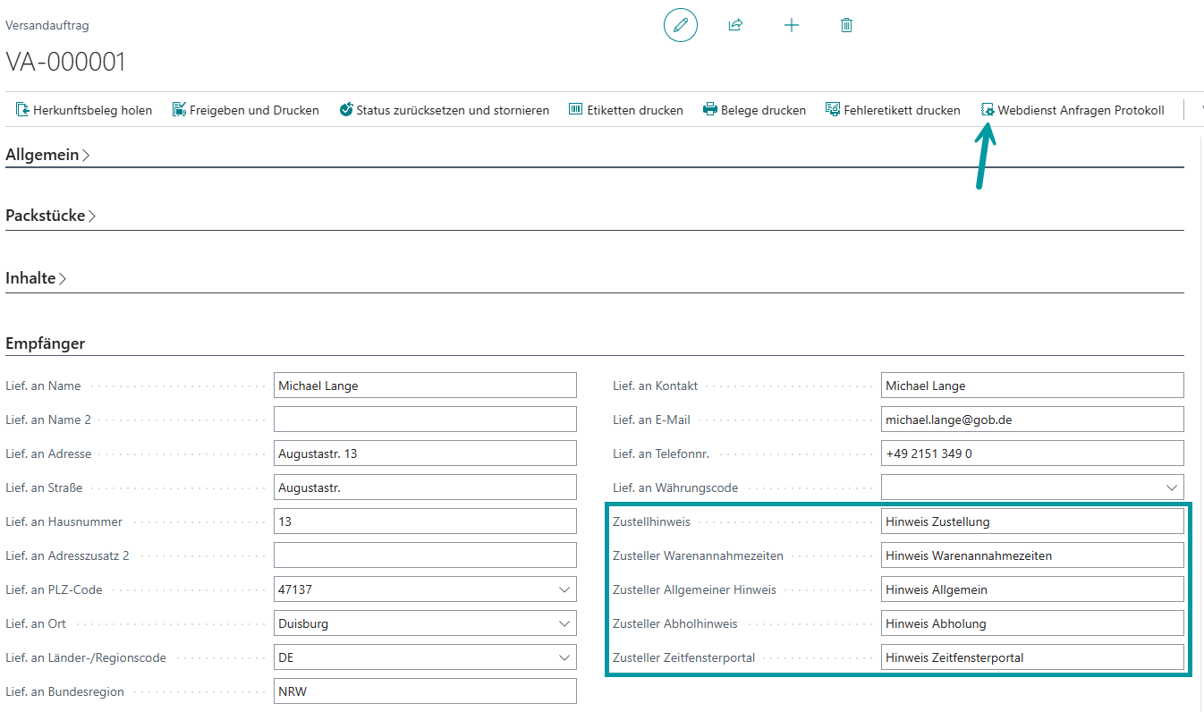 Versandauftrag mit Zustellinformationen im Register "Empfänger" und Hinweis auf Button "Webdienst Anfragen Protokoll"