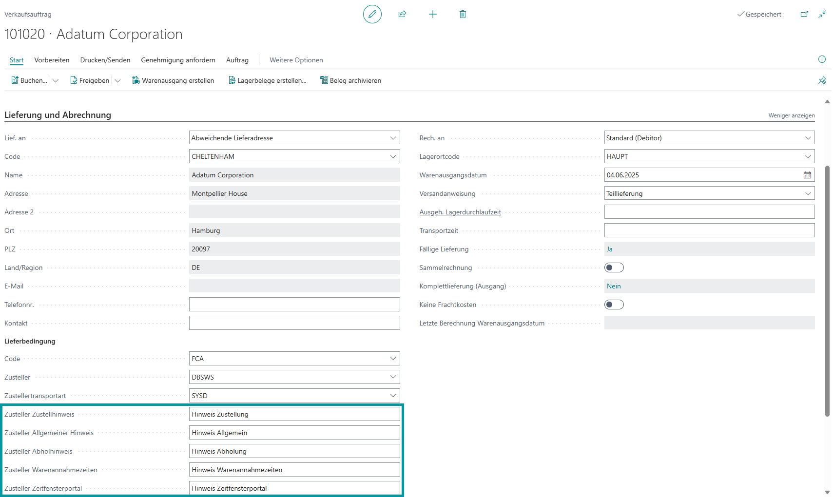 Zustellerhinweise im VK-Auftrag Register "Lieferung und Abrechnung"