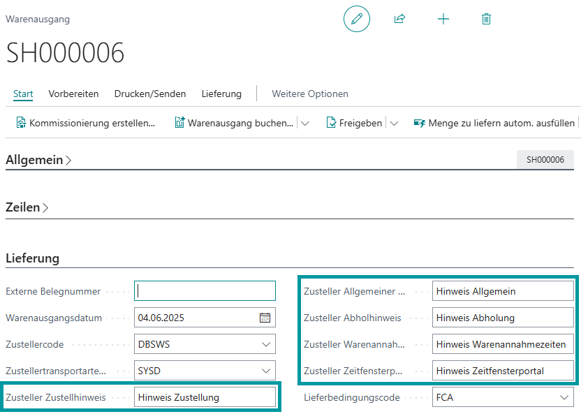Zustellerhinweise im Warenausgang