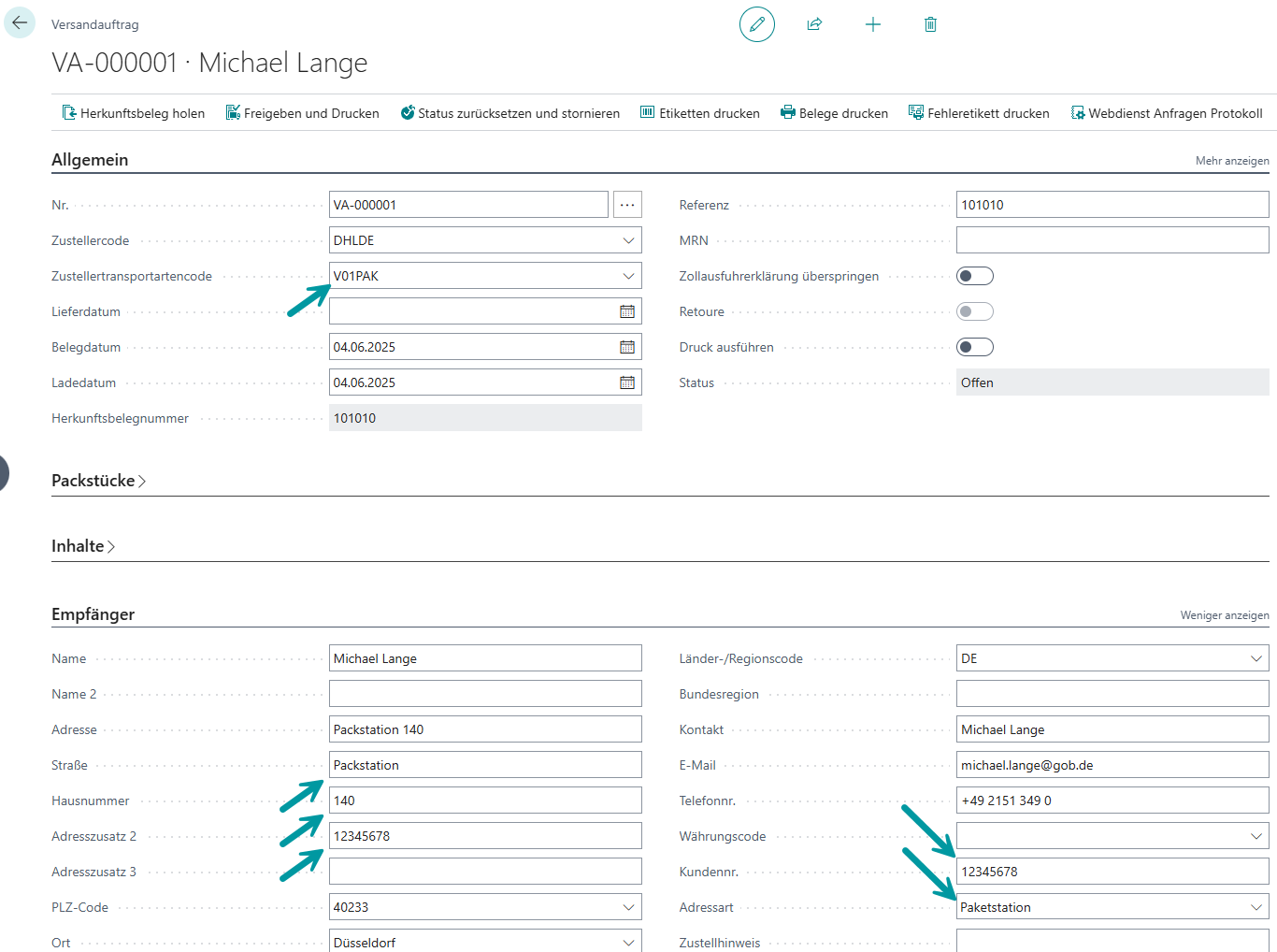 Versandauftrag Beispiel