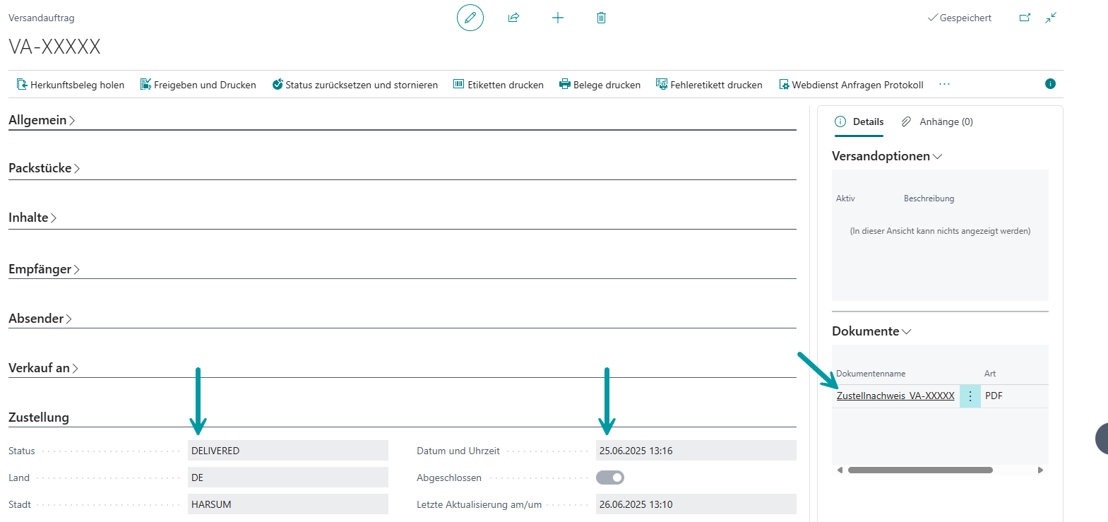 Übernommene Informationen im Versandauftrag