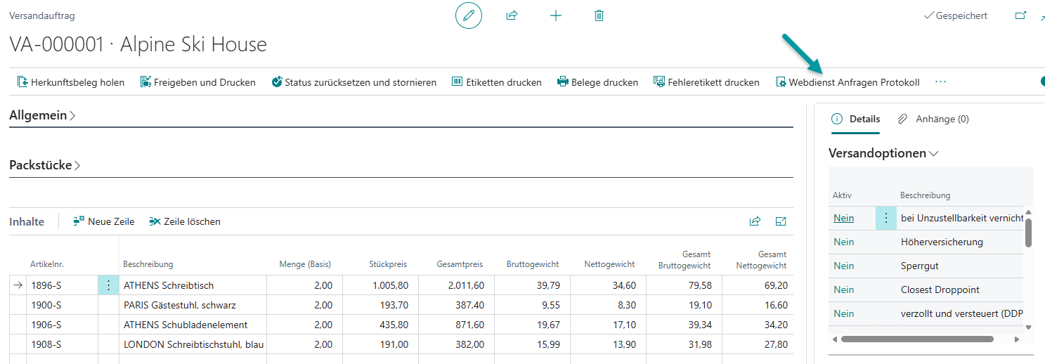Verkaufsauftrag Alpine Ski House - Übersicht der konfigurierten Artikel mit Ursprungsländercodes