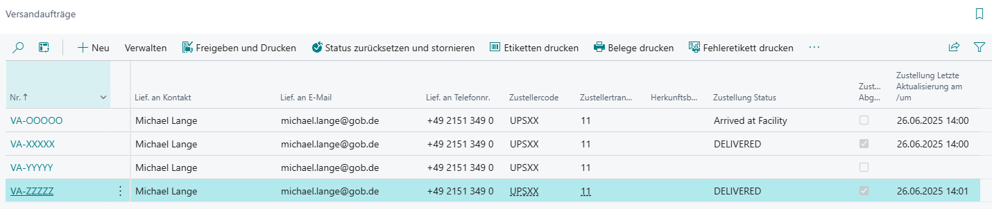 Beispieleinträge innerhalb der Liste Versandaufträge