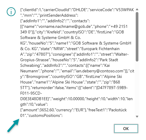 Informationsansicht im Webdienst-Protokoll - Details zur Übertragung der ISO-Codes