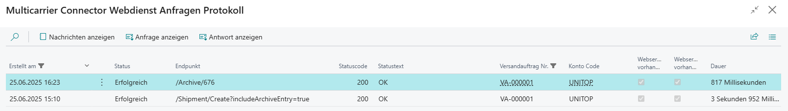 Einträge des Webdienst Anfragen-Protokoll